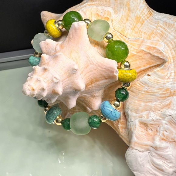 RARE TAIWAN JADE + SEA GLASS + BURMA JADE NATURAL STONES BRACELET size 7” - Picture 2 of 13